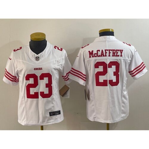 68625d81851a2_1 Women's San Francisco 49ers #23 Christian McCaffrey White 2023 F.U.S.E. Vapor Untouchable Limited Stitched Jersey(Run Small)