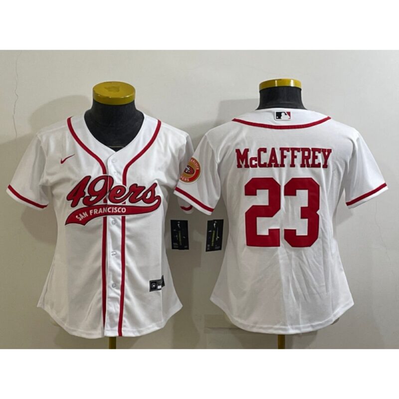 68625d906cd82_1 Women's San Francisco 49ers #23 Christian McCaffrey White With Patch Cool Base Stitched Baseball Jersey(Run Small)