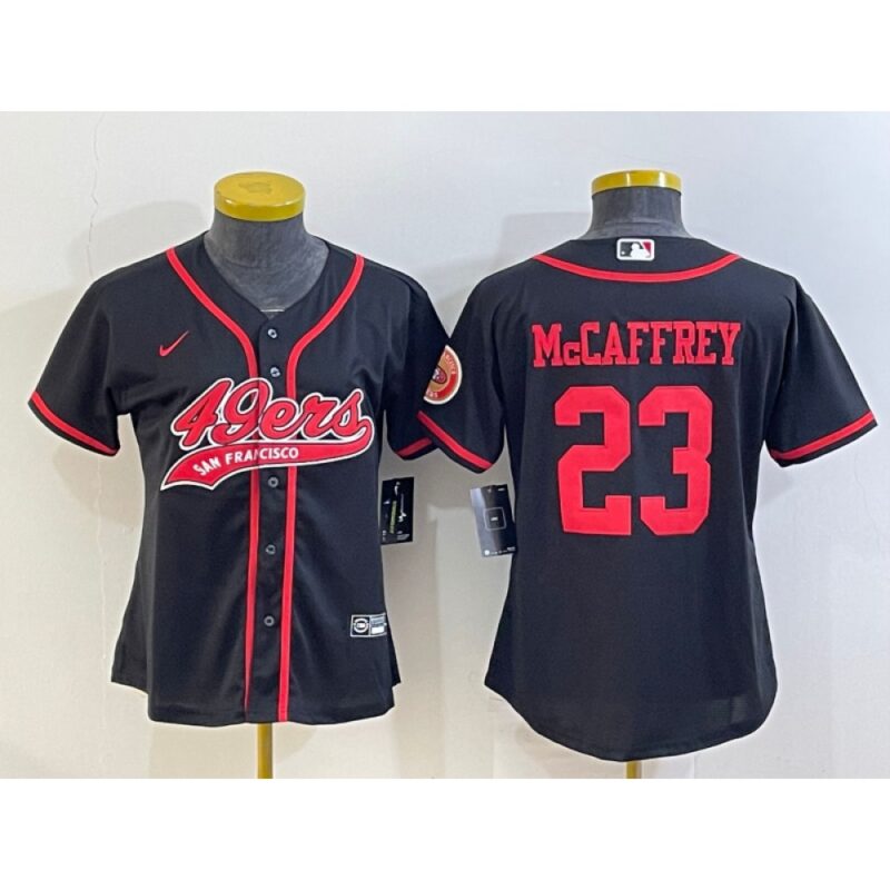 68625ddc39817_1 Women's San Francisco 49ers #23 Christian McCaffrey Black With Patch Cool Base Stitched Baseball Jersey(Run Small)
