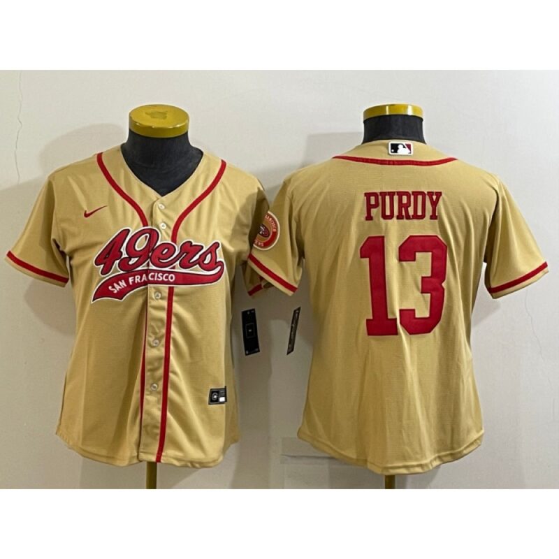 68625e2f76339_1 Women's San Francisco 49ers #13 Brock Purdy Gold With Patch Cool Base Stitched Baseball Jersey(Run Small)