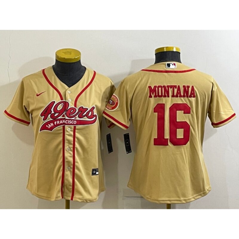 68625e32bdbb1_1 Women's San Francisco 49ers #16 Joe Montana Gold With Patch Cool Base Stitched Baseball Jersey(Run Small)