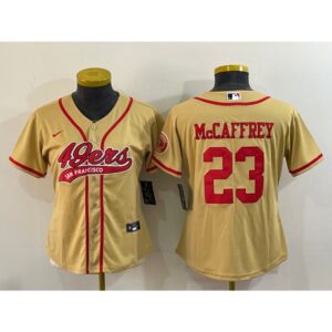 68625e35d67ba_1 Women's San Francisco 49ers #23 Christian McCaffrey Gold With Patch Cool Base Stitched Baseball Jersey(Run Small)