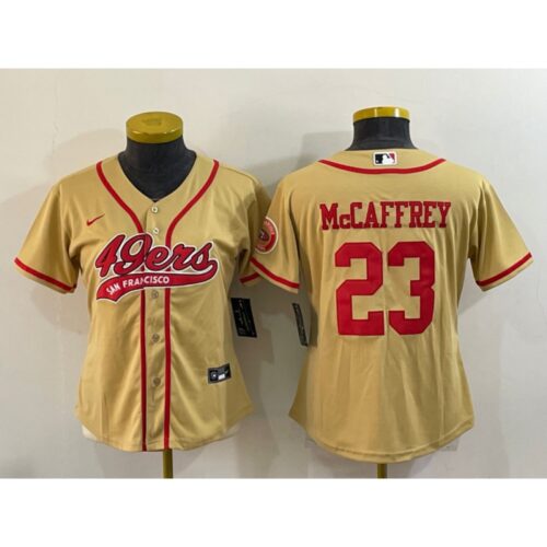 68625e35d67ba_1 Women's San Francisco 49ers #23 Christian McCaffrey Gold With Patch Cool Base Stitched Baseball Jersey(Run Small)