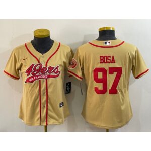 68625e3f4122b_1 Women's San Francisco 49ers #97 Nick Bosa Gold With Patch Cool Base Stitched Baseball Jersey(Run Small)