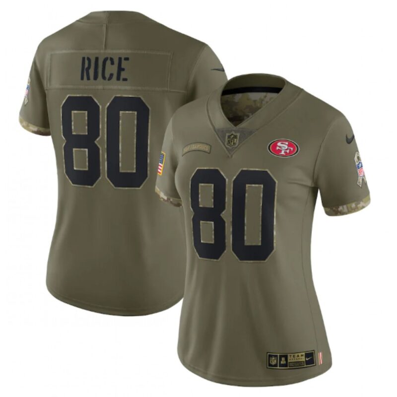 68625e5904312_1 Women's San Francisco 49ers #80 Jerry Rice Olive 2022 Salute To Service Limited Stitched Jersey(Run Small)