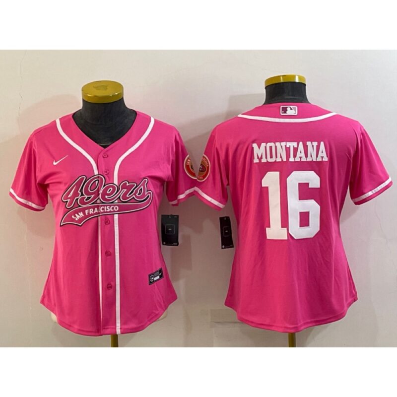 68625e5f0b9cd_1 Women's San Francisco 49ers #16 Joe Montana Pink With Patch Cool Base Stitched Baseball Jersey(Run Small)