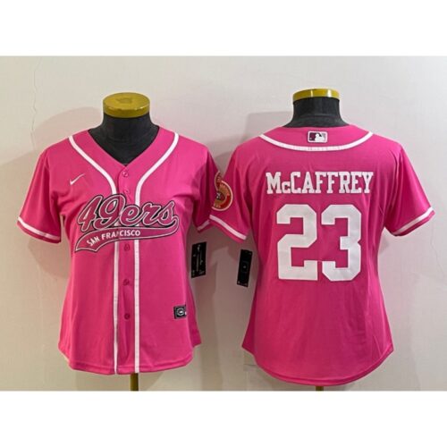 68625e6215bd4_1 Women's San Francisco 49ers #23 Christian McCaffrey Pink With Patch Cool Base Stitched Baseball Jersey(Run Small)