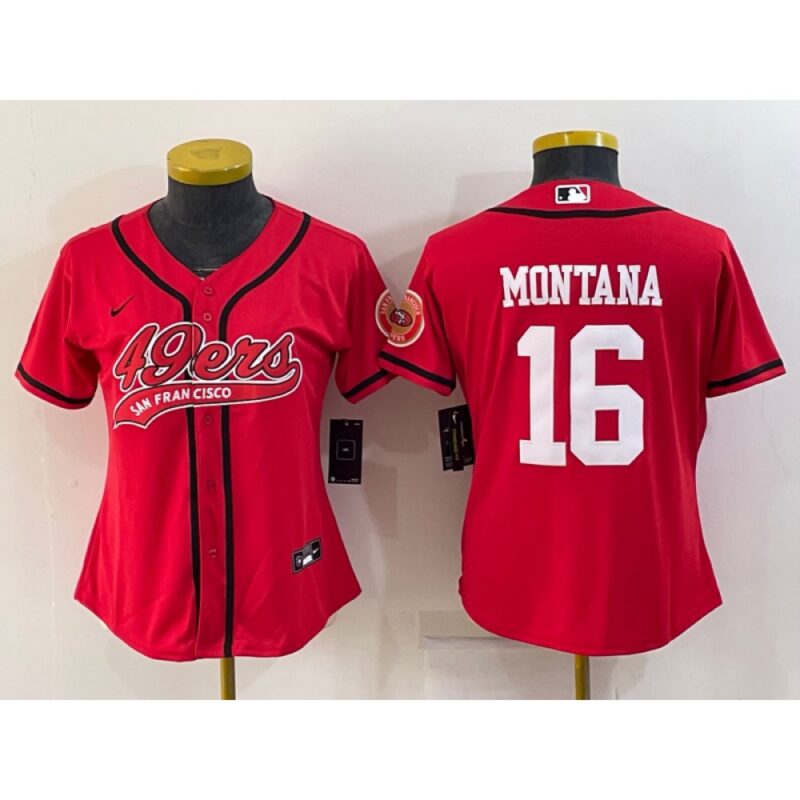 68625e8973a6a_1 Women's San Francisco 49ers #16 Joe Montana Red With Patch Cool Base Stitched Baseball Jersey(Run Small)