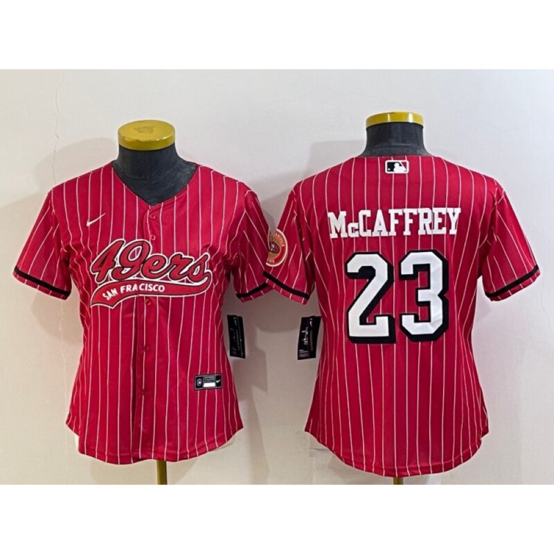 68625e8c7fec9_1 Women's San Francisco 49ers #23 Christian McCaffrey New Red With Patch Cool Base Stitched Baseball Jersey(Run Small)