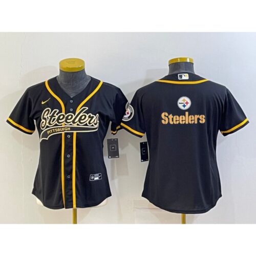 68625fec9916e_1 Women's Pittsburgh Steelers Black Team Big Logo With Patch Cool Base Stitched Baseball Jersey(Run Small)