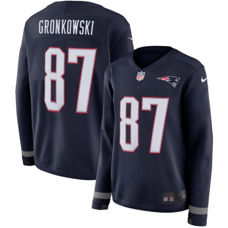 686261fb5abfe_1 Women's New England Patriots #87 Rob Gronkowski Navy Therma Long Sleeve Stitched NFL Jersey