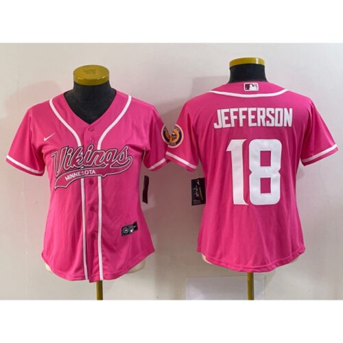 686262ffe7bf4_1 Women's Minnesota Vikings #18 Justin Jefferson Pink With Patch Cool Base Stitched Baseball Jersey(Run Small)