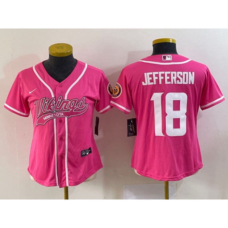 686262ffe7bf4_1 Women's Minnesota Vikings #18 Justin Jefferson Pink With Patch Cool Base Stitched Baseball Jersey(Run Small)