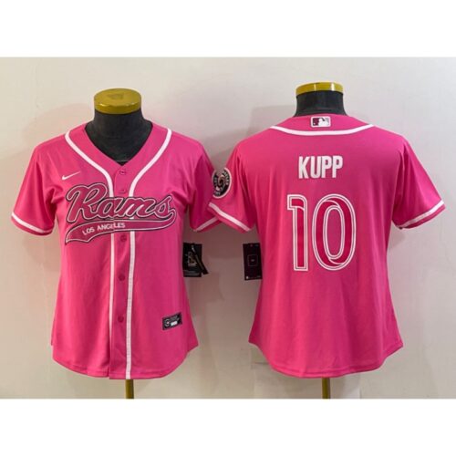 6862639c8fcf5_1 Women's Los Angeles Rams #10 Cooper Kupp Pink With Patch Cool Base Stitched Baseball Jersey(Run Small)