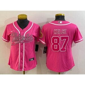 6862659bd67db_1 Women's Kansas City Chiefs #87 Travis Kelce Pink With Patch Cool Base Stitched Baseball Jersey(Run Small)