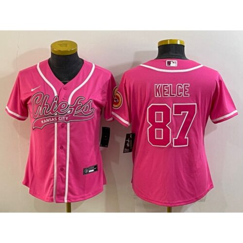6862659bd67db_1 Women's Kansas City Chiefs #87 Travis Kelce Pink With Patch Cool Base Stitched Baseball Jersey(Run Small)