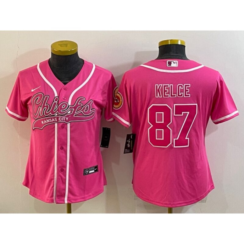 6862659bd67db_1 Women's Kansas City Chiefs #87 Travis Kelce Pink With Patch Cool Base Stitched Baseball Jersey(Run Small)