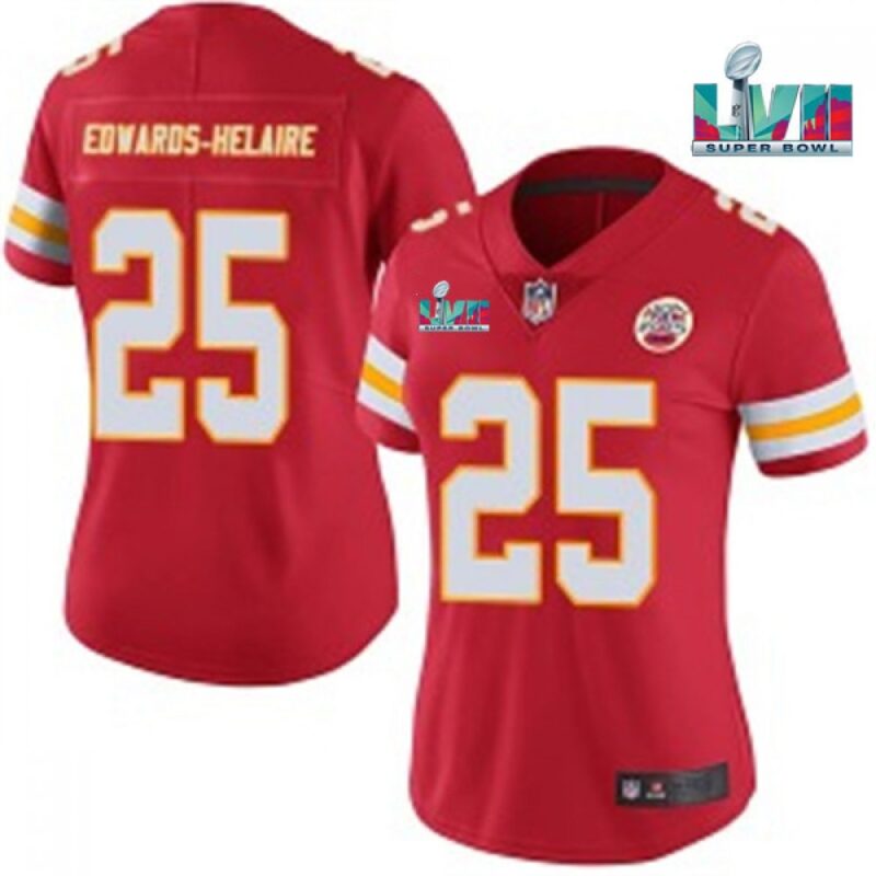 686265ba17e33_1 Women's Kansas City Chiefs #25 Clyde Edwards-Helaire Red Super Bowl LVII Patch Vapor Stitched Jersey(Run Small)