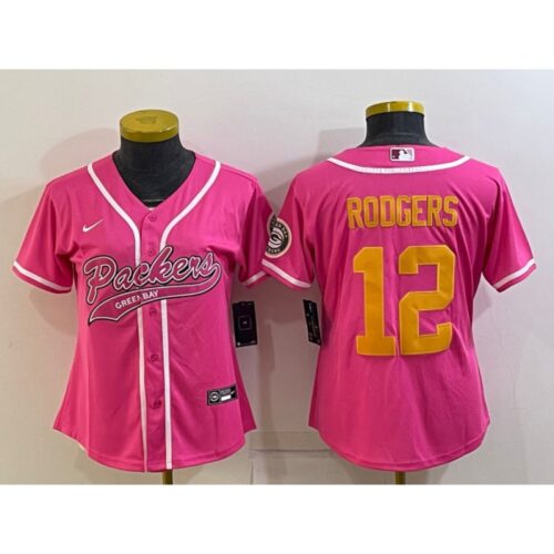 686266e008429_1 Women's Green Bay Packers #12 Aaron Rodgers Pink Gold With Patch Cool Base Stitched Baseball Jersey(Run Small)