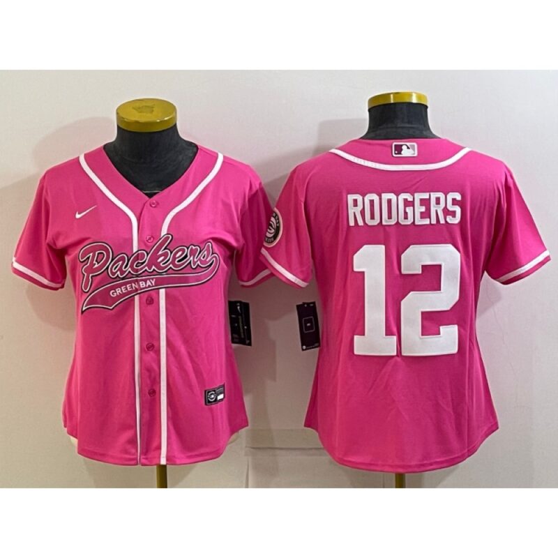 686266e3163b1_1 Women's Green Bay Packers #12 Aaron Rodgers Pink With Patch Cool Base Stitched Baseball Jersey(Run Small)