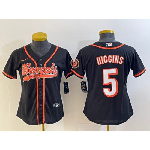 686269d18eb44_1 Women's Cincinnati Bengals #5 Tee Higgins Black With Patch Cool Base Stitched Baseball Jersey(Run Small)