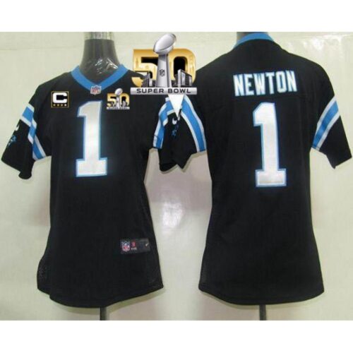 68626a79508ba_1 Panthers #1 Cam Newton Black Team Color With C Patch Super Bowl 50 Women's Stitched NFL Elite Jersey