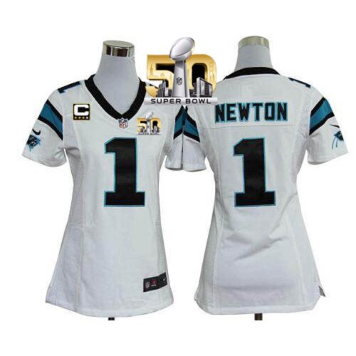 68626aae3dbe1_1 Panthers #1 Cam Newton White With C Patch Super Bowl 50 Women's Stitched NFL Elite Jersey