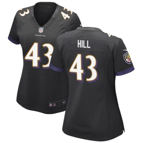 68626b4248eb1_1 Women's Baltimore Ravens #43 Justice Hill Black Football Jersey(Run Small)