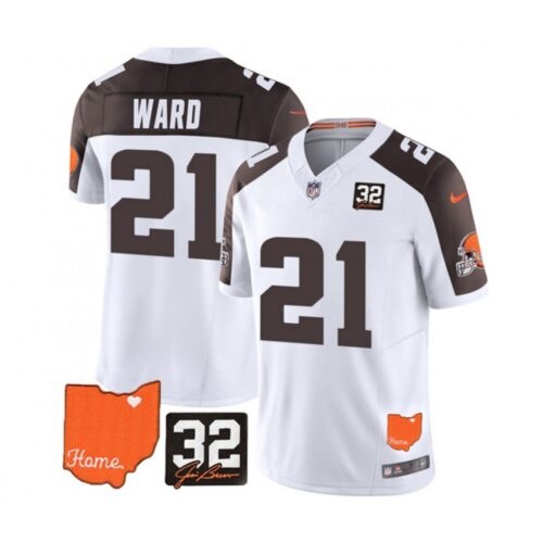 6862701e89392_1 Men's Cleveland Browns #21 Denzel Ward White/Brown 2023 F.U.S.E. With Jim Brown Memorial Patch Vapor Untouchable Limited Stitched Jersey
