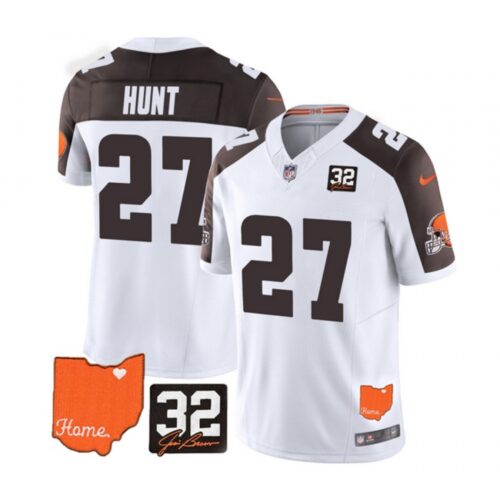 6862702225eaf_1 Men's Cleveland Browns #27 Kareem Hunt White/Brown 2023 F.U.S.E. With Jim Brown Memorial Patch Vapor Untouchable Limited Stitched Jersey