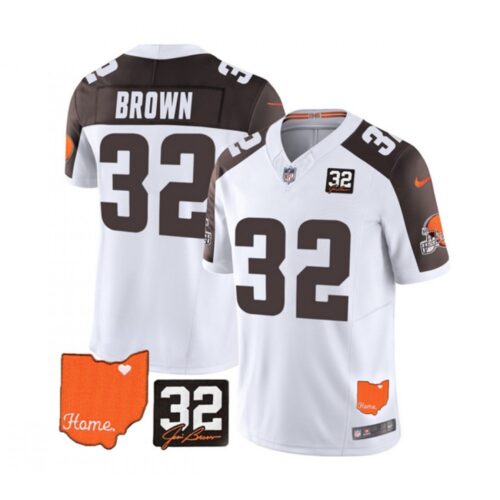686270294242f_1 Men's Cleveland Browns #32 Jim Brown White/Brown 2023 F.U.S.E. With Jim Brown Memorial Patch Vapor Untouchable Limited Stitched Jersey