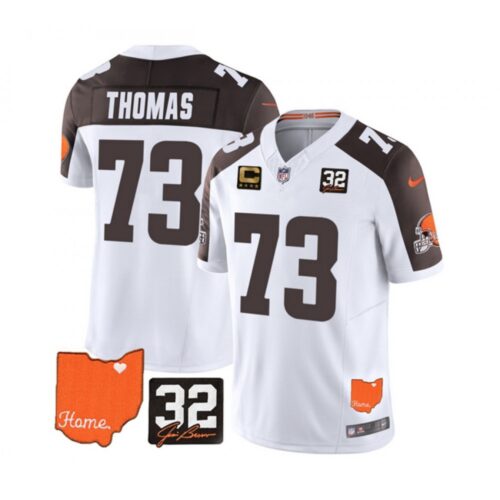 6862702cea968_1 Men's Cleveland Browns #73 Joe Thomas White/Brown 2023 F.U.S.E. With Jim Brown Memorial Patch And 4-Star C Patch Vapor Untouchable Limited Stitched Jersey