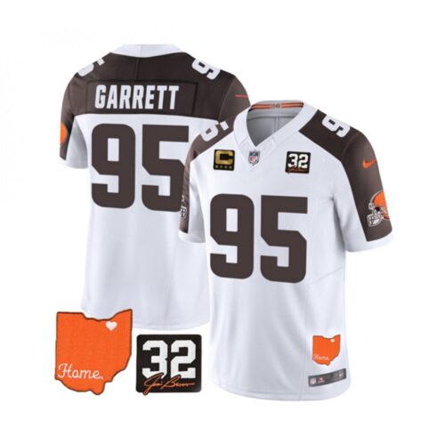 686270307b5b6_1 Men's Cleveland Browns #95 Myles Garrett White/Brown 2023 F.U.S.E. With Jim Brown Memorial Patch And 4-Star C Patch Vapor Untouchable Limited Stitched Jersey