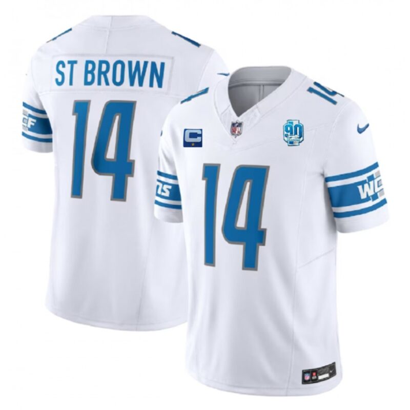 6862704513e0e_1 Men's Detroit Lions #14 Amon-Ra St. Brown White 2023 F.U.S.E. With 1-Star C Patch And 90th Anniversary Patch Vapor Untouchable Limited Stitched Jersey