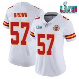 6862709ed4d23_1 Women's Kansas City Chiefs #57 Orlando Brown White Super Bowl LVII Patch Vapor Stitched Jersey(Run Small)