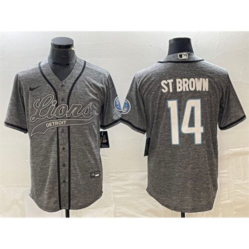 68627150b8c60_1 Men's Detroit Lions #14 Amon-Ra St. Brown Grey Cool Base Stitched Baseball Jersey
