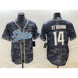 686271545b957_1 Men's Detroit Lions #14 Amon-Ra St. Brown Grey Camo Cool Base Stitched Baseball Jersey