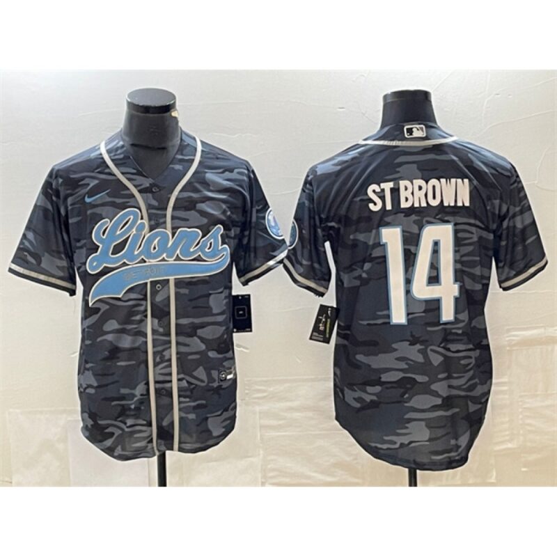 686271545b957_1 Men's Detroit Lions #14 Amon-Ra St. Brown Grey Camo Cool Base Stitched Baseball Jersey