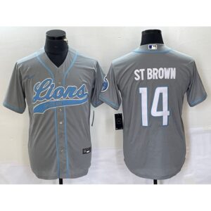 6862727528f4a_1 Men's Detroit Lions #14 Amon-Ra St. Brown Gray Cool Base Stitched Baseball Jersey
