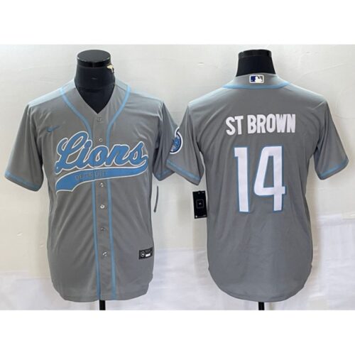 6862727528f4a_1 Men's Detroit Lions #14 Amon-Ra St. Brown Gray Cool Base Stitched Baseball Jersey