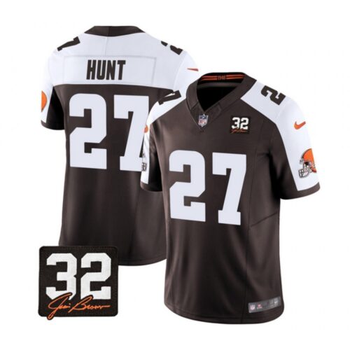 686272da566f5_1 Men's Cleveland Browns #27 Kareem Hunt Brown/White 2023 F.U.S.E. With Jim Brown Memorial Patch Vapor Untouchable Limited Stitched Jersey