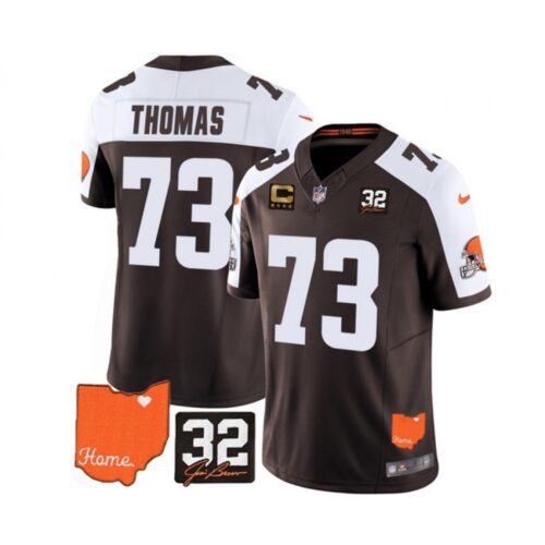 686272ddab767_1 Men's Cleveland Browns #73 Joe Thomas Brown/White 2023 F.U.S.E. With Jim Brown Memorial Patch And 4-Star C Patch Vapor Untouchable Limited Stitched Jersey