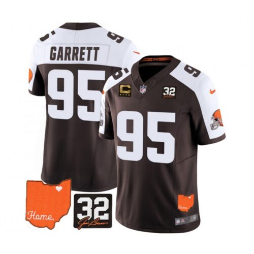 686272e1132db_1 Men's Cleveland Browns #95 Myles Garrett Brown/White 2023 F.U.S.E. With Jim Brown Memorial Patch And 4-Star C Patch Vapor Untouchable Limited Stitched Jersey