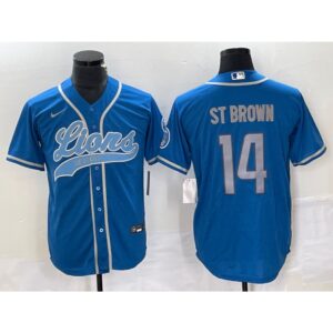 686272e8aa6b1_1 Men's Detroit Lions #14 Amon-Ra St. Brown Blue Cool Base Stitched Baseball Jersey