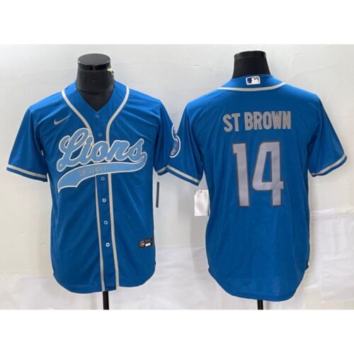 686272e8aa6b1_1 Men's Detroit Lions #14 Amon-Ra St. Brown Blue Cool Base Stitched Baseball Jersey