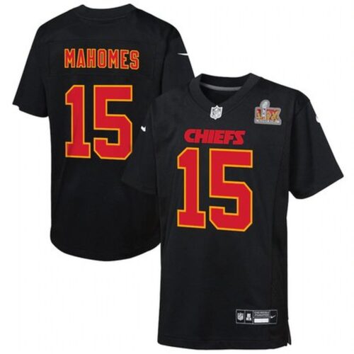 6862763277f9f_1 Youth Kansas City Chiefs #15 Patrick Mahomes Carbon Black Super Bowl LIX Patch Fashion Game Jersey