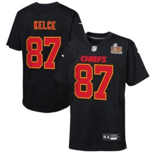686276355747d_1 Youth Kansas City Chiefs #87 Travis Kelce Carbon Black Super Bowl LIX Patch Fashion Game Jersey