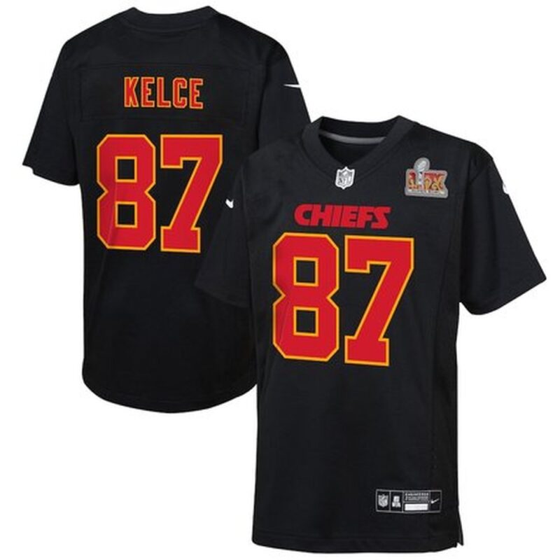 686276355747d_1 Youth Kansas City Chiefs #87 Travis Kelce Carbon Black Super Bowl LIX Patch Fashion Game Jersey