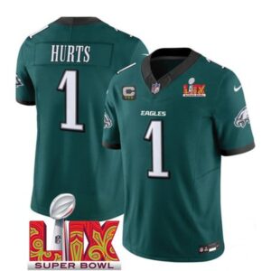 68627655c85da_1 Men's Philadelphia Eagles #1 Jalen Hurts Green 2025 Super Bowl LIX Patch With 3-Star C Patch New F.U.S.E. Vapor Untouchable Limited Stitched Football Jersey