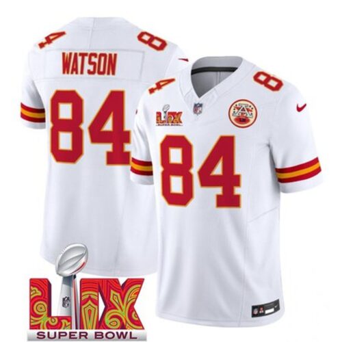 6862768a451ab_1 Men's Kansas City Chiefs #84 Justin Watson White 2025 Super Bowl LIX Patch F.U.S.E. Vapor Limited Stitched Football Jersey